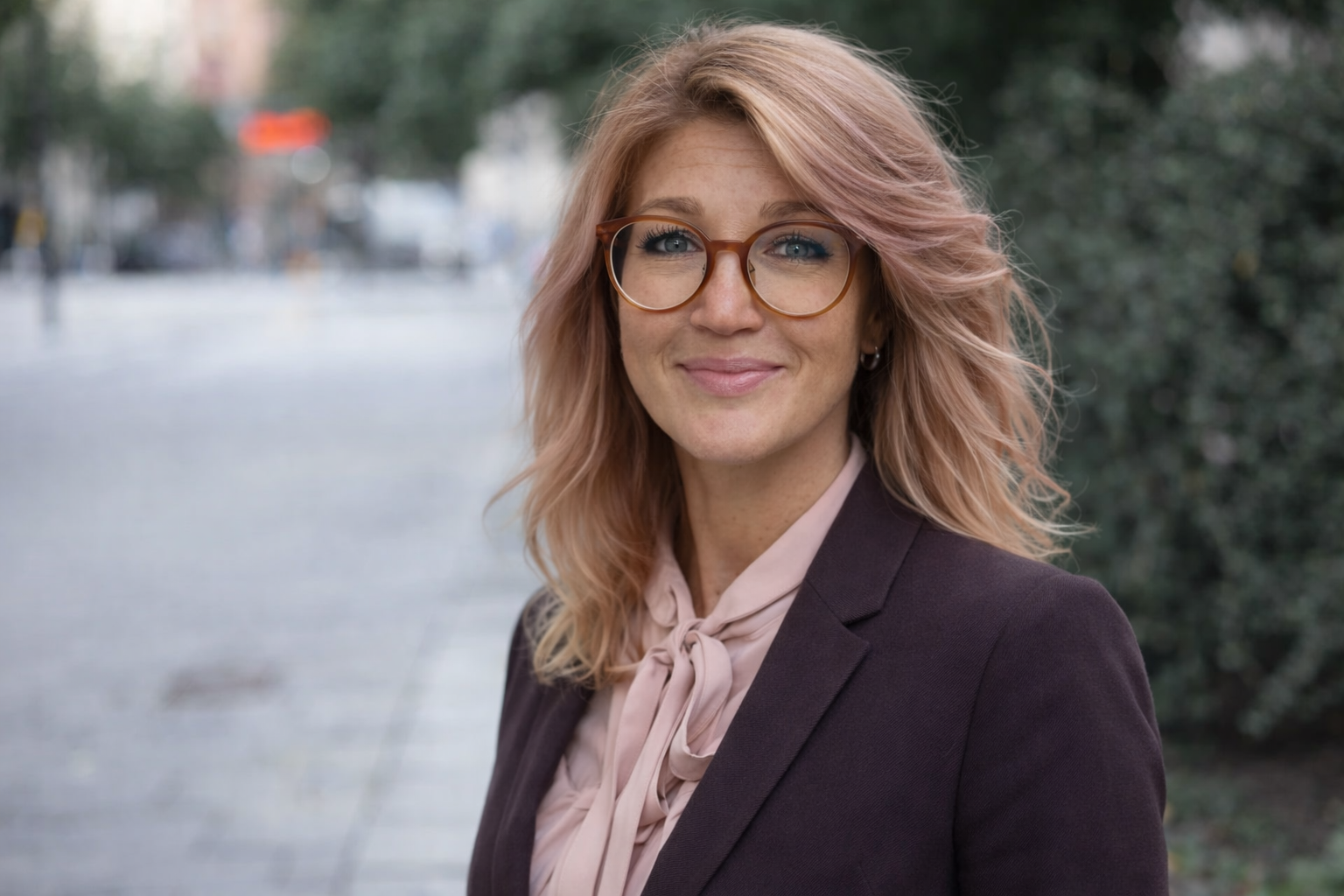 Kvinna på stadsgata i solsken